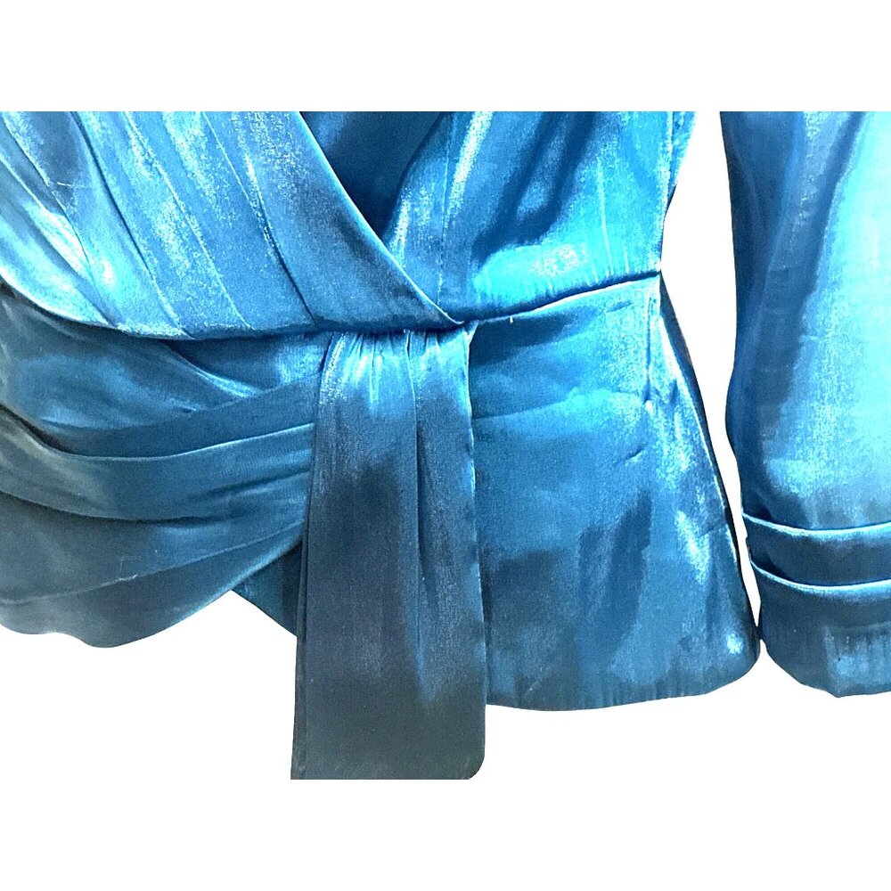 Jackie Jon New York Size 6 Teal Satin Wrap Tie Waist Top Back Zipper Luxe Shine - Picture 9 of 12